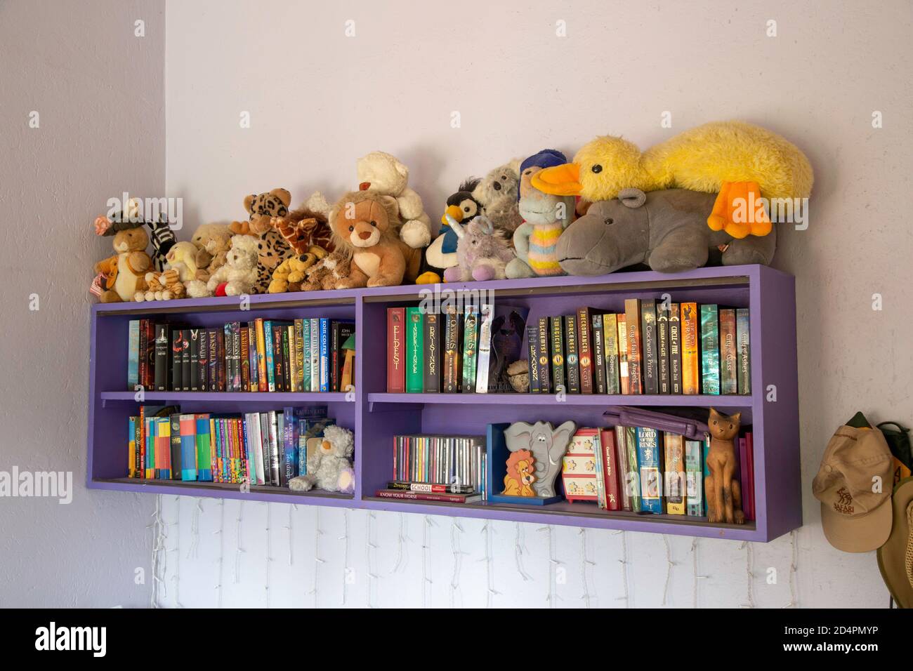 Estante con libros y juguetes suaves y esponjosos en un niño dormitorio Foto de stock