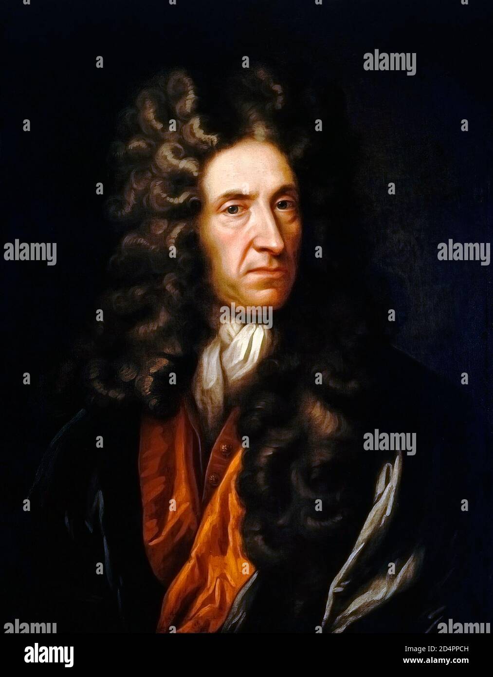 Daniel Defoe. Retrato del comerciante inglés, escritor, periodista, panfletero y espía, Daniel Defoe (nacido Daniel Foe, c. 1660-1731), óleo sobre lienzo Foto de stock