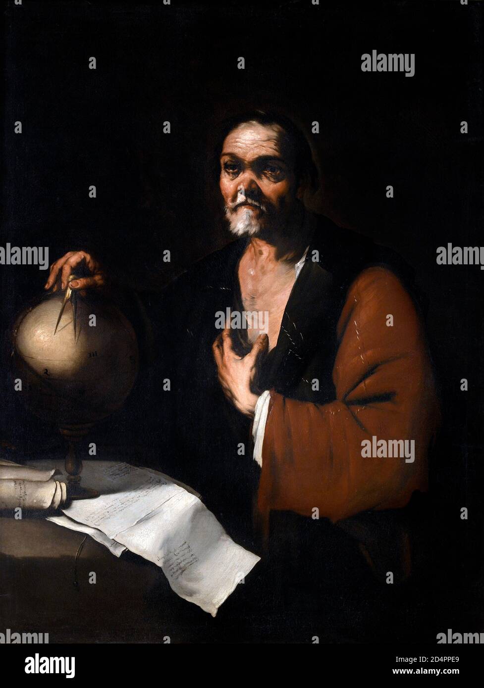 Heráclito. Retrato del antiguo filósofo griego, Heráclito de Éfeso (c. 535-c. 475 AC) por Luca Giordano (1634-1705), óleo sobre lienzo, c.1655-60 Foto de stock
