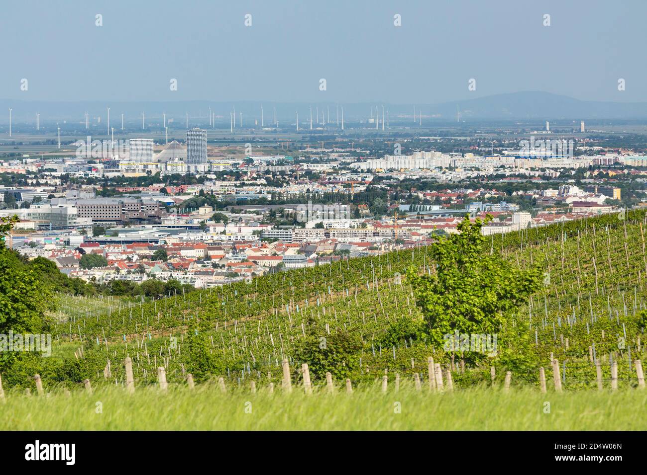 VIENA - 6 DE MAYO: Vista desde una colina de viñedos a las partes nororientales de Viena, Austria con turbinas de viento en el fondo el 6 de mayo de 2018 Foto de stock