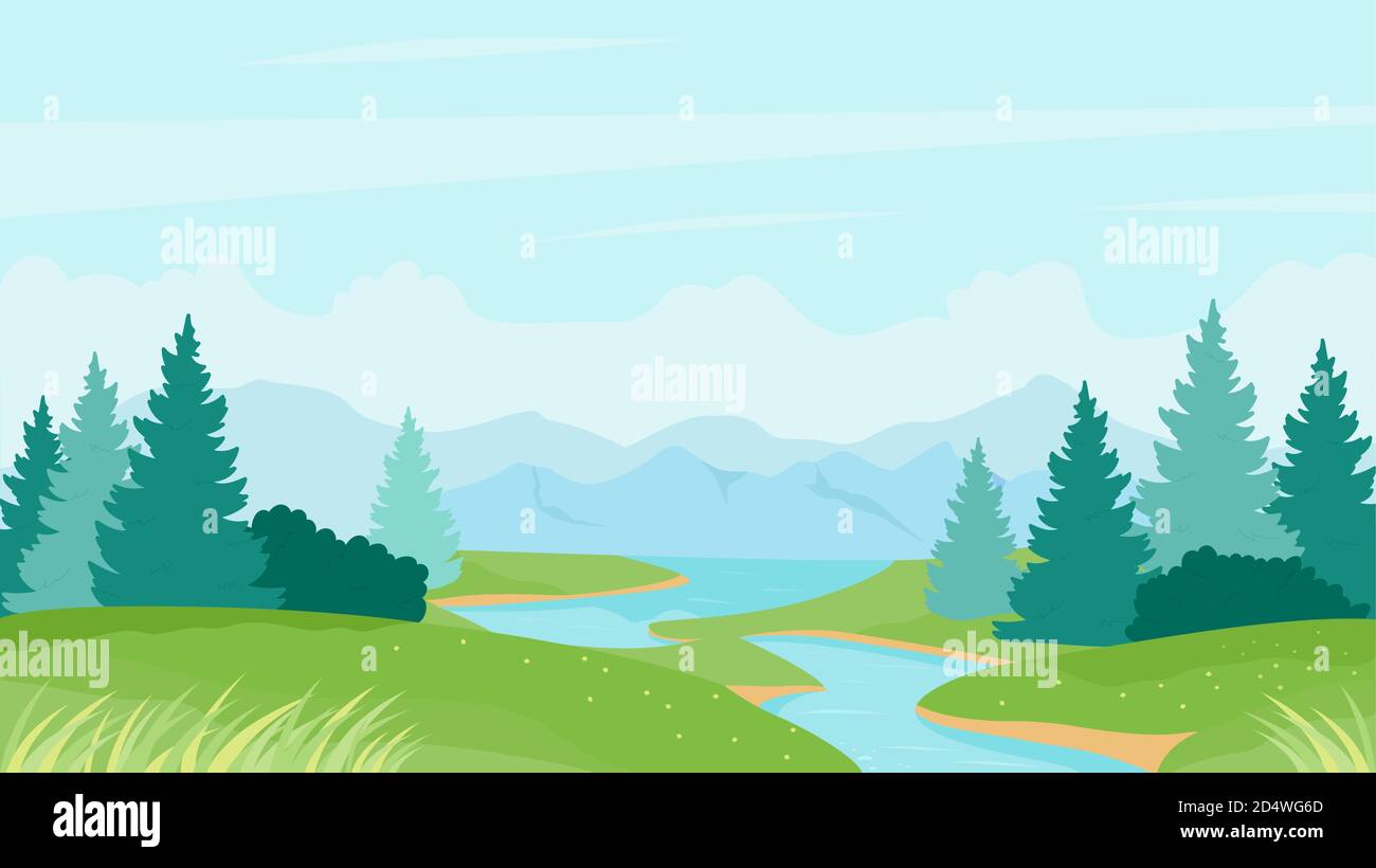 Río verano paisaje ilustración vector. Dibujos animados paisaje natural tranquilo con aguas tranquilas del río, verdes colinas de pradera de hierba y bosque de pinos en las orillas del río, verano vista Río verano paisaje ilustración vector. Dibujos animados paisaje natural tranquilo con aguas tranquilas del río, verdes colinas de pradera de hierba y bosque de pinos en las orillas del río, verano vista