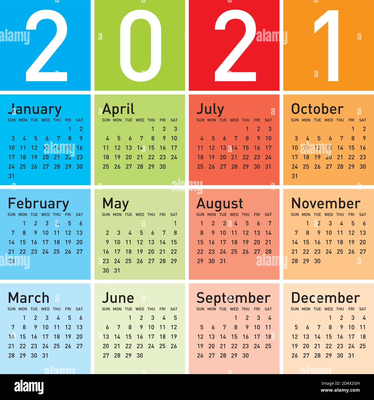 Calendario colorido para el año 2021, en formato vectorial. Ilustración del Vector