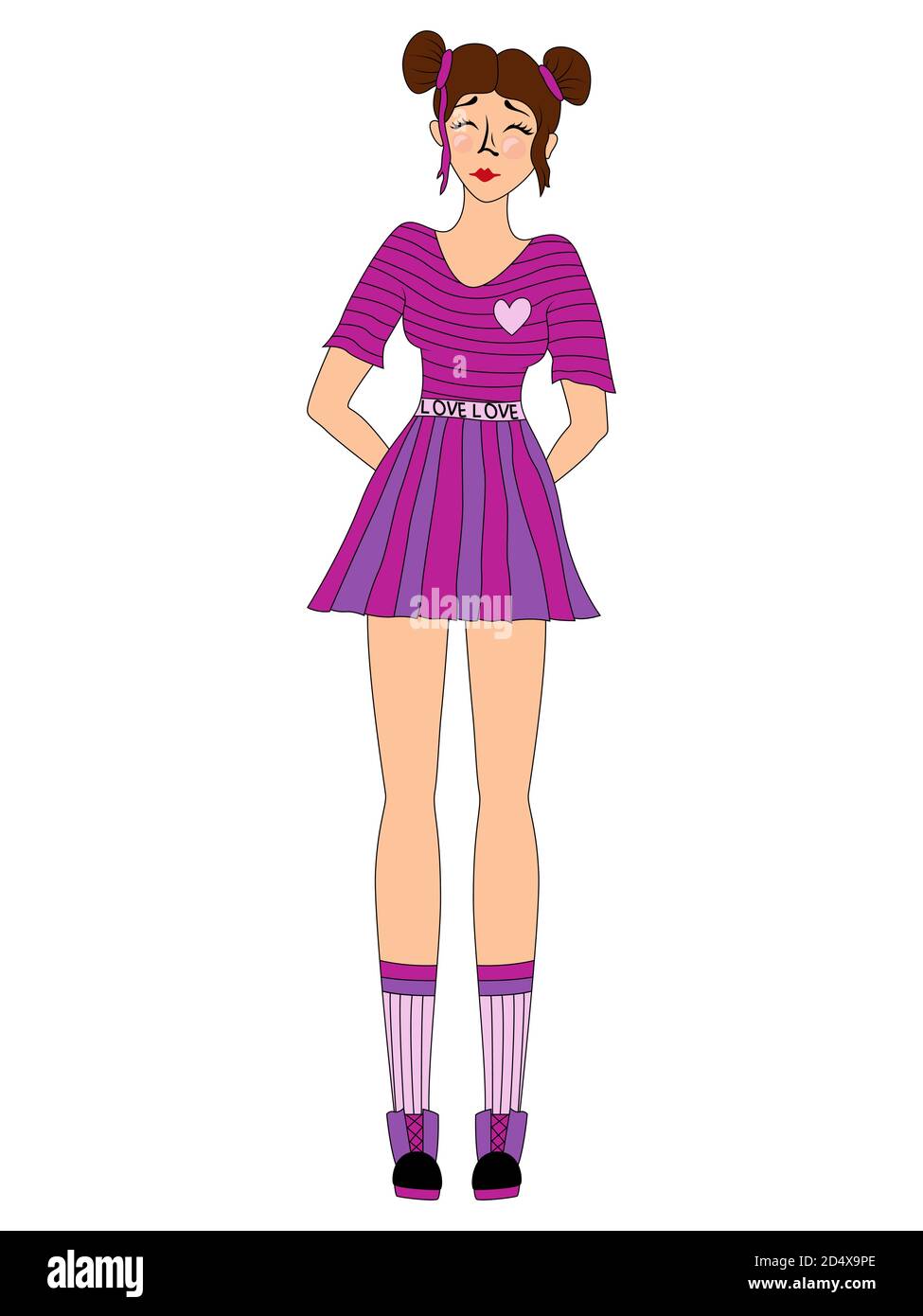 Feliz niña de dibujos animados en ropa de colores rosa y violeta y con ojos  cerrados, vector hecho como dibujo de niño Imagen Vector de stock - Alamy