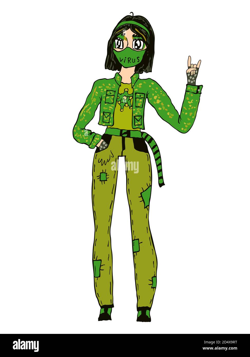 Niña de dibujos animados en máscara protectora y ropa verde, simboliza la lucha con Covid-19, vector hecho como dibujo de niño Ilustración del Vector