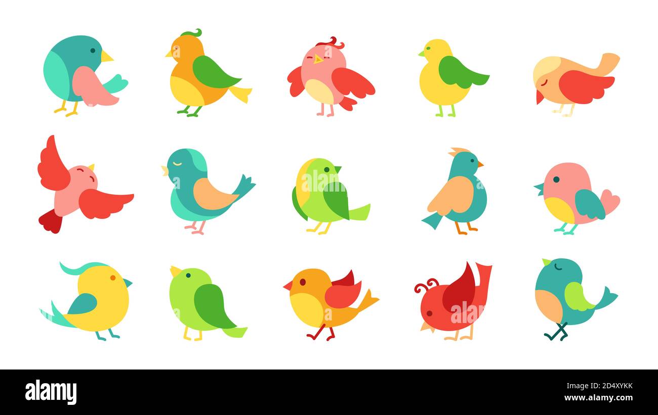 Lindo juego de dibujos animados de pájaros. Pájaros pequeños de colores,  diferentes poses, volando. Carácter feliz. Icono abstracto dibujado a mano.  Ilustración vectorial moderna y moderna Imagen Vector de stock - Alamy