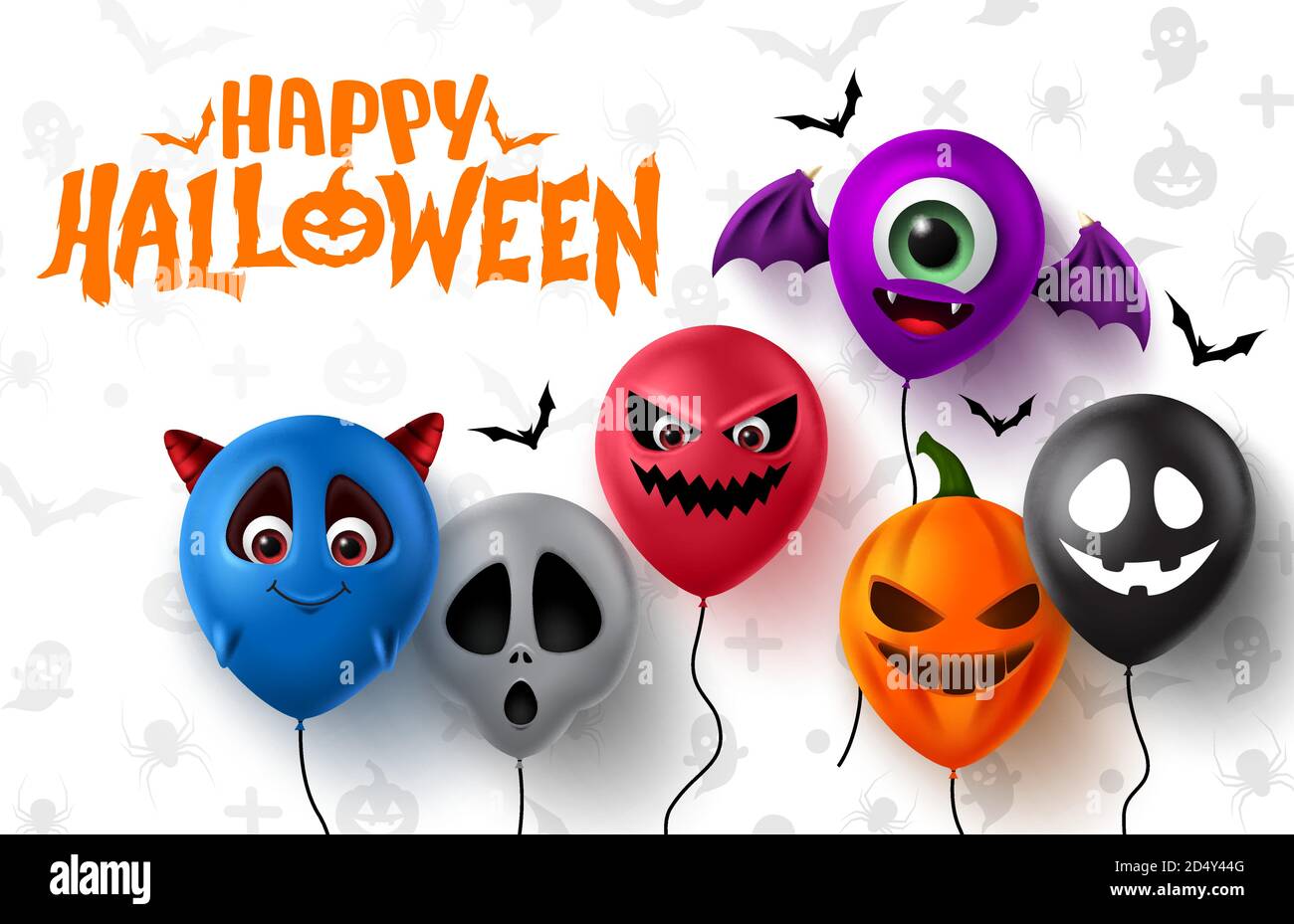 Diseño de fondo vectorial de globos de Halloween. Feliz texto de halloween  con elementos de globo con caras espeluznantes como demonio, diablo,  calabaza, fantasma y murciélago Imagen Vector de stock - Alamy