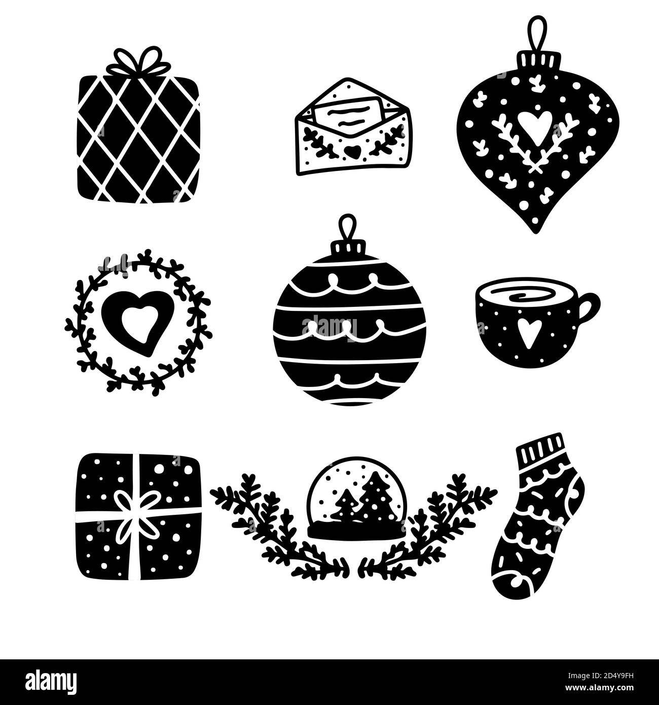 Adornos navideños negro monocromático aislado en fideos de fondo blanco. vectorial de estilo escandinavo Imagen Vector de - Alamy