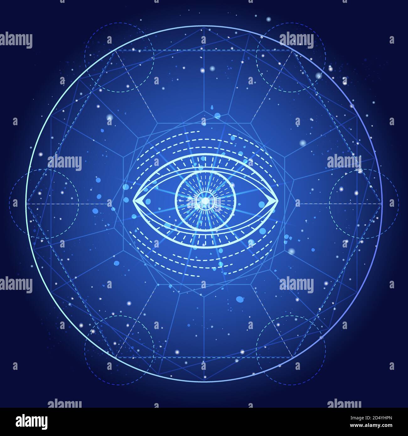 Ilustración vectorial del símbolo místico Ojo sobre fondo abstracto. Signo geométrico dibujado en líneas. Color azul. Para usted diseño y arte mágico. Ilustración del Vector