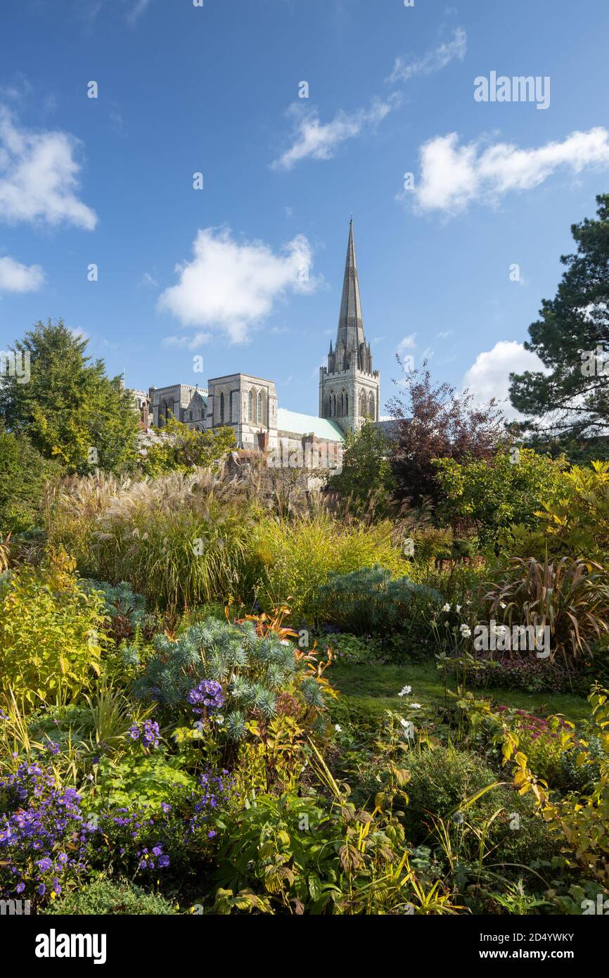Catedral de Chichester de los Jardines del Palacio del Obispo. Chichester, West Sussex, Reino Unido Foto de stock