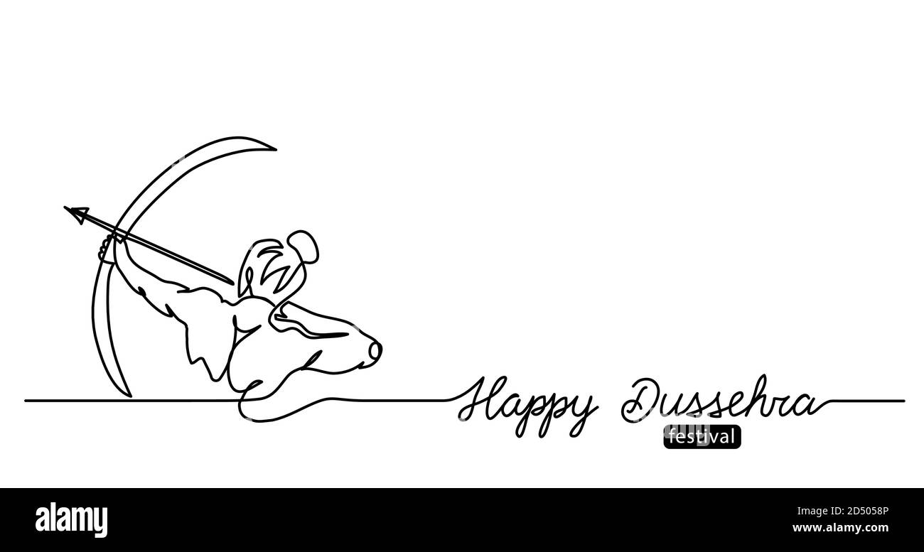 Pancarta de Dussehra en blanco y negro con arco, flecha y el señor Rama. Un dibujo de línea continua con letras feliz Dussehra. Banner vectorial, fondo Ilustración del Vector