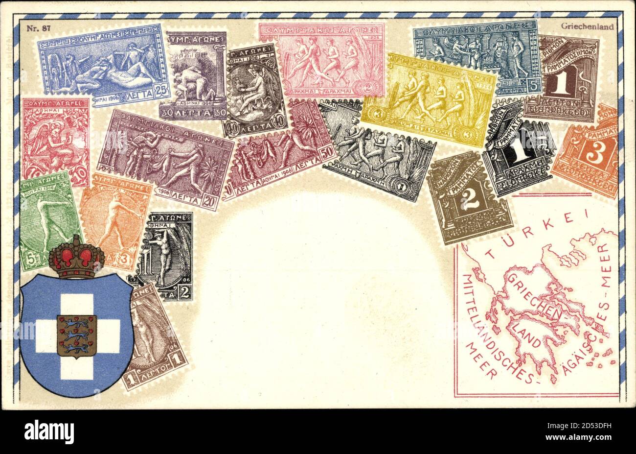 Briemarken Wappen Griechenland, Olympische Szenen, Türkei, Ägäis, Drachmen | uso en todo el mundo Foto de stock