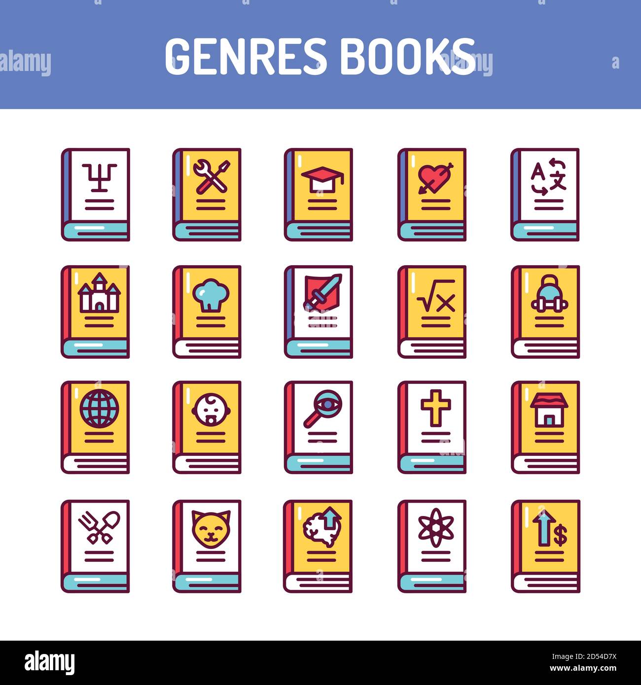 Géneros de libros iconos de línea de color conjunto. Ilustración vectorial  Imagen Vector de stock - Alamy