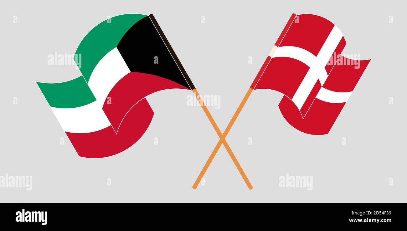 Banderas cruzadas y agitadas de Kuwait y Dinamarca. Ilustración vectorial Ilustración del Vector