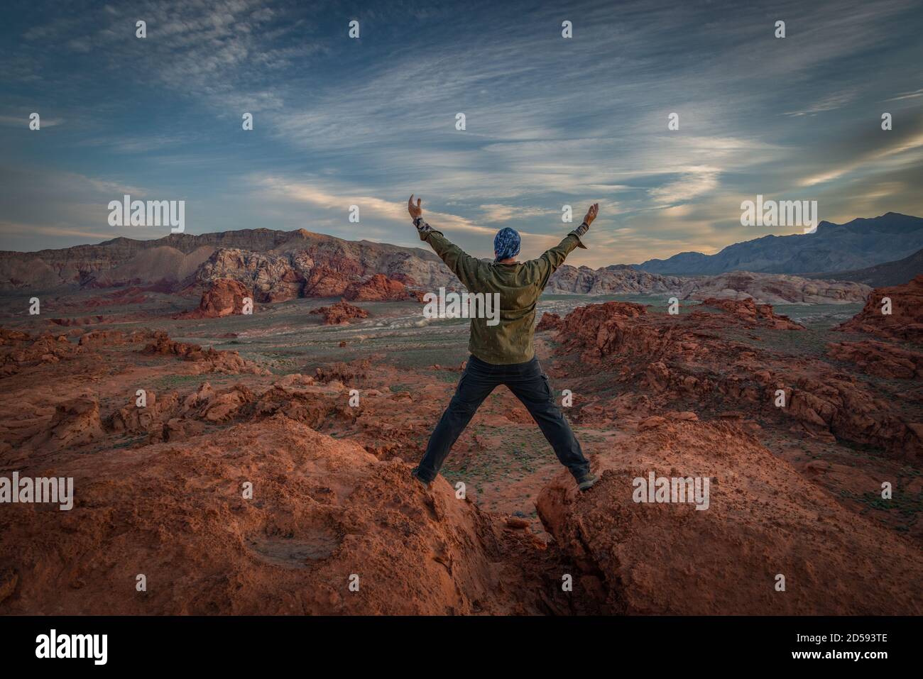 Vista trasera de un hombre de pie sobre rocas, Little Finland, Gold Butte National Monument, Nevada, EE.UU Foto de stock