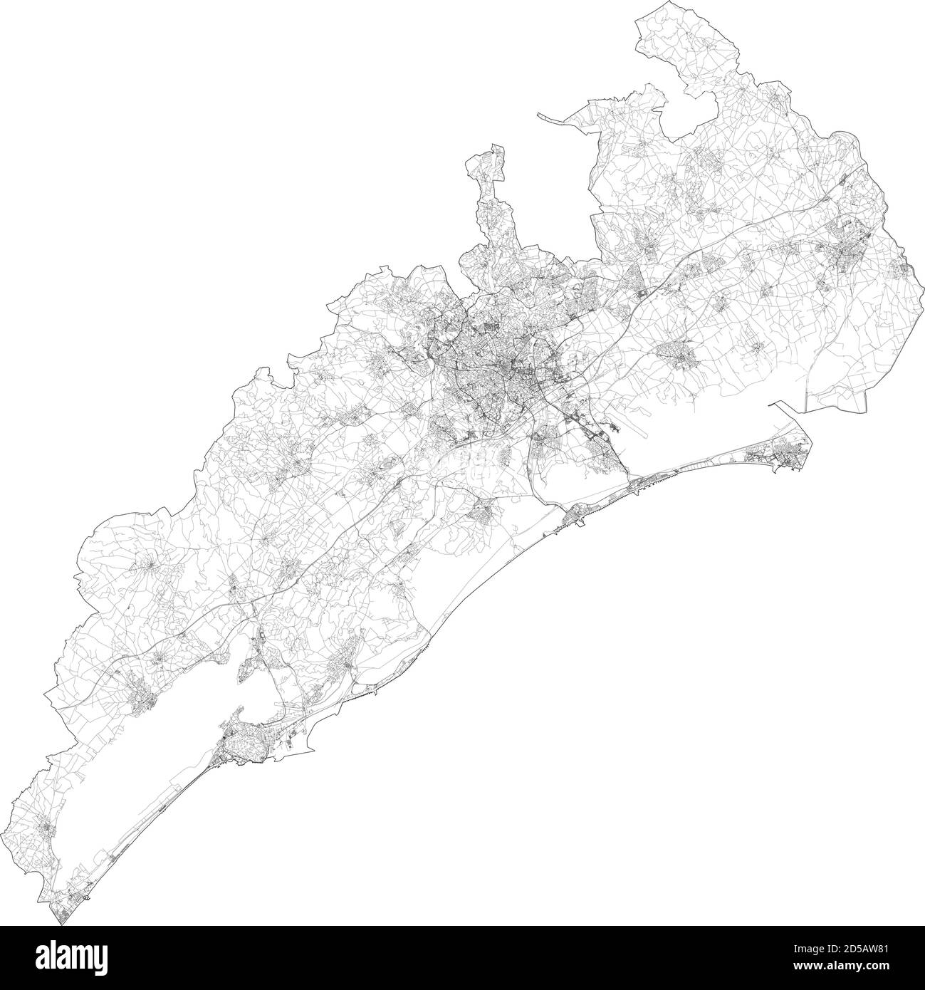 Vista por satélite de Montpellier una ciudad cerca de la costa sur de Francia en el mar Mediterráneo y sus alrededores. Mapa de calles de la zona Ilustración del Vector