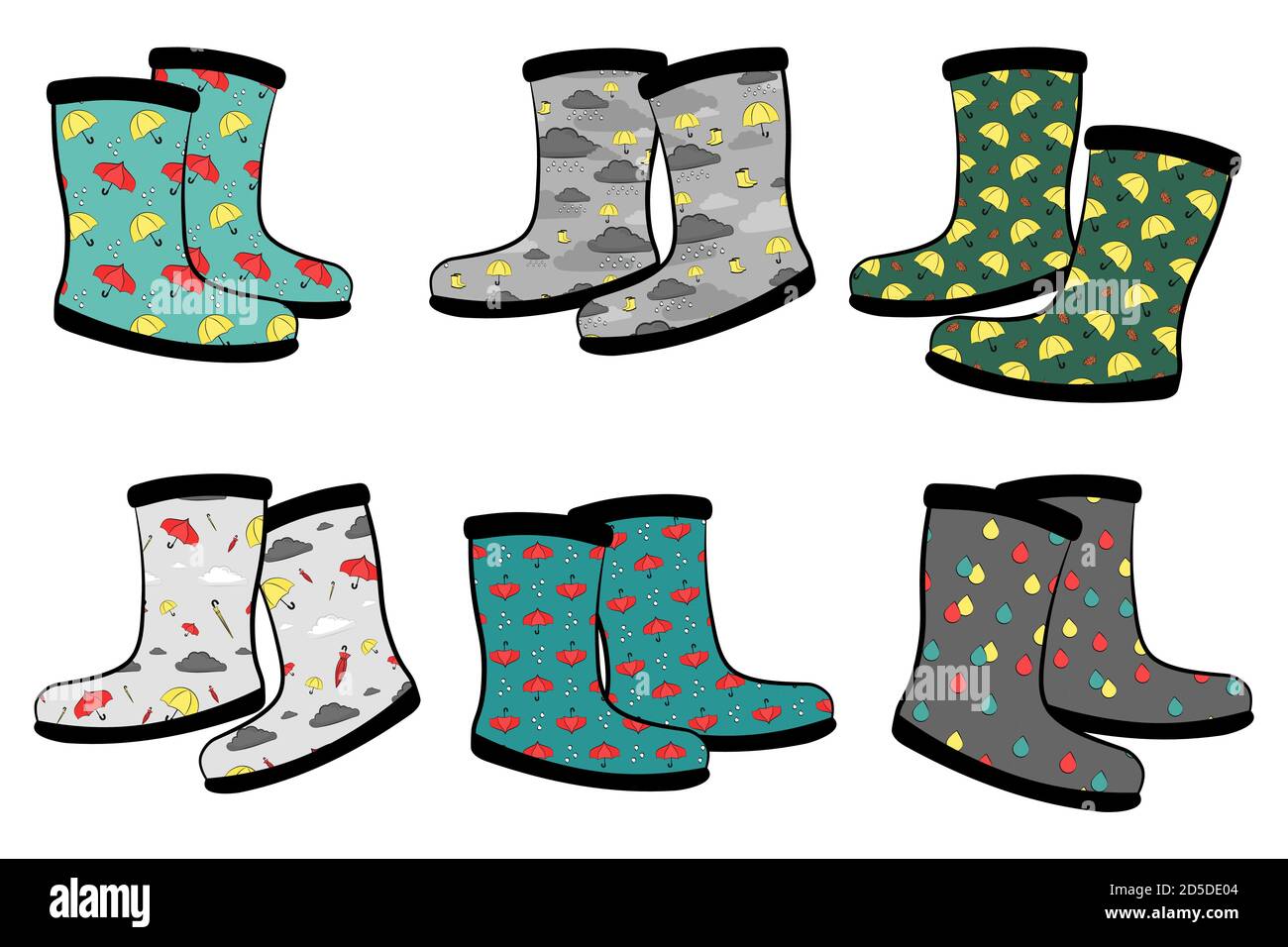Juego de botas de goma con diferentes impresiones. Calzado impermeable para  un diseño de temporada con un estilo plano. Ilustración vectorial aislada  de botas de agua para proteger Imagen Vector de stock -