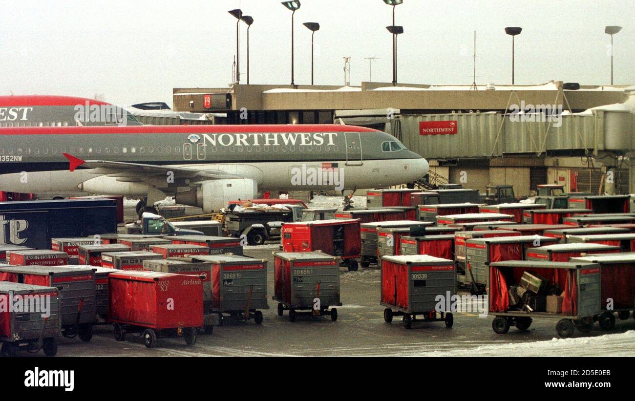 Los carros de equipaje con respaldo se sientan en el asfalto junto a los  aviones de Northwest Airlines el 4 de enero en el Aeropuerto Metro de  Detroit en Romulus, Michigan esperando