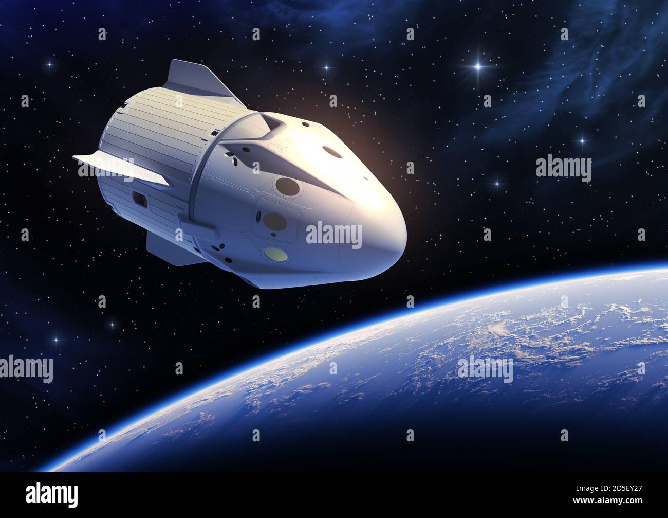 Nueva nave espacial comercial orbitando el planeta Azul Tierra Foto de stock