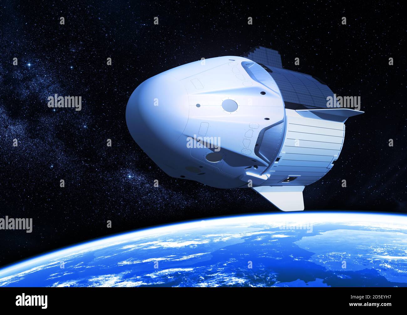 Nueva nave espacial comercial sobre el planeta Azul Tierra Foto de stock
