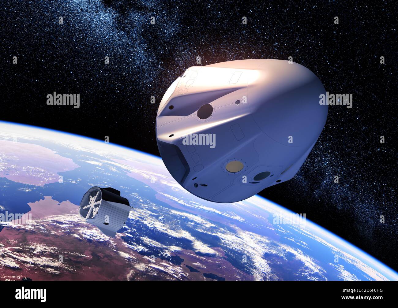 Separación del módulo de descenso de una nave espacial privada Antecedentes de la Tierra Foto de stock