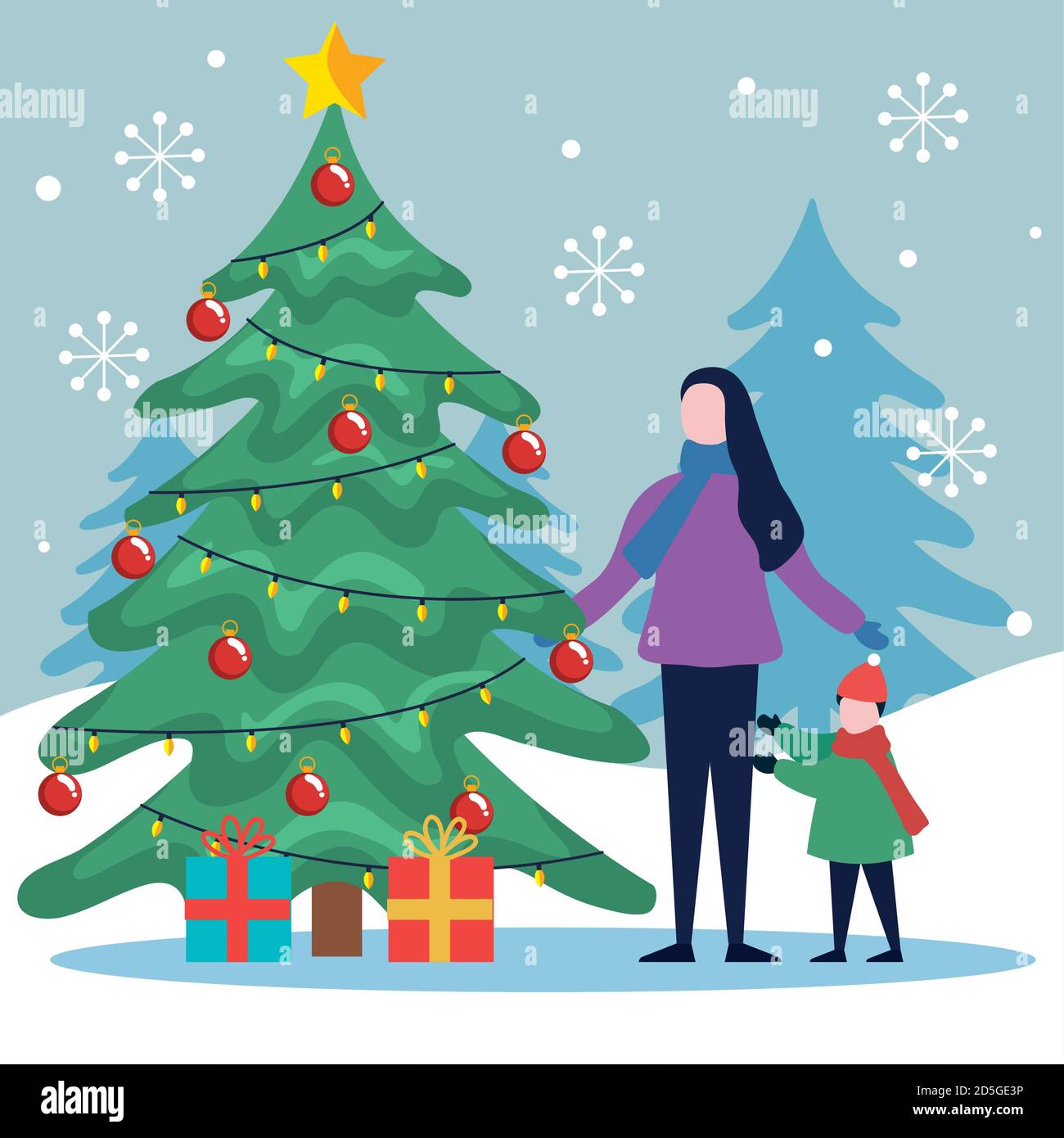 feliz navidad madre e hija con pino y regalos diseño vectorial Imagen  Vector de stock - Alamy