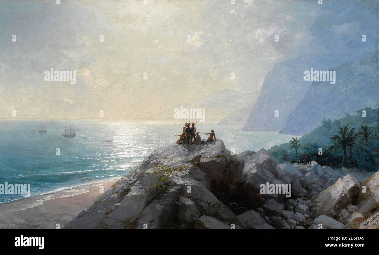 Aivazovsky Ivan Constantinovich - llegada de la Flotilla de Colón La Costa Americana - Escuela Rusa - siglo XIX Foto de stock