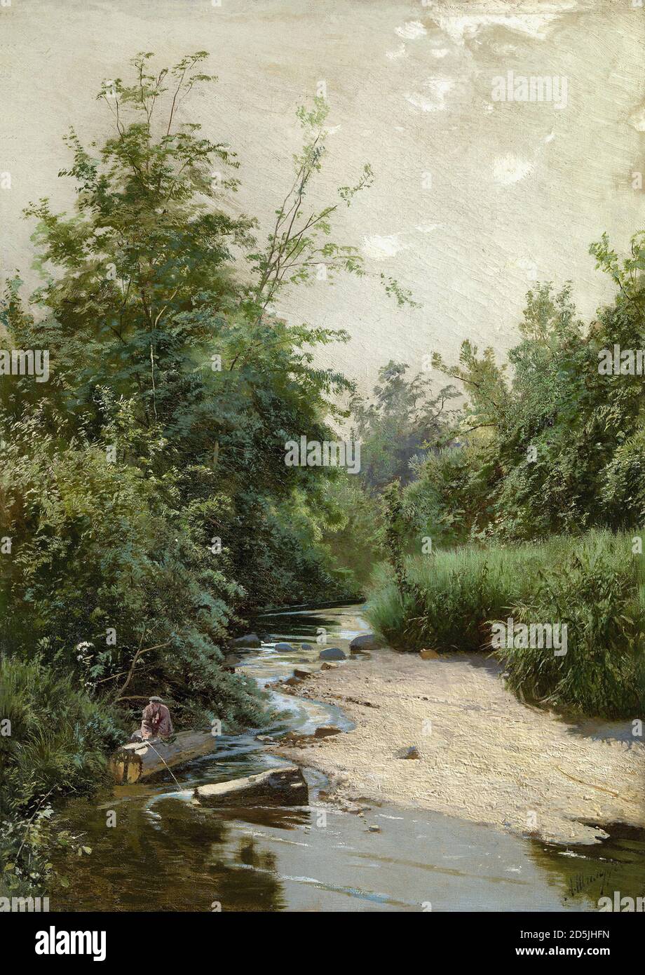 Shilder Andrei Nikolaevich - pescador en un río del bosque - Escuela Rusa - siglo XIX Foto de stock