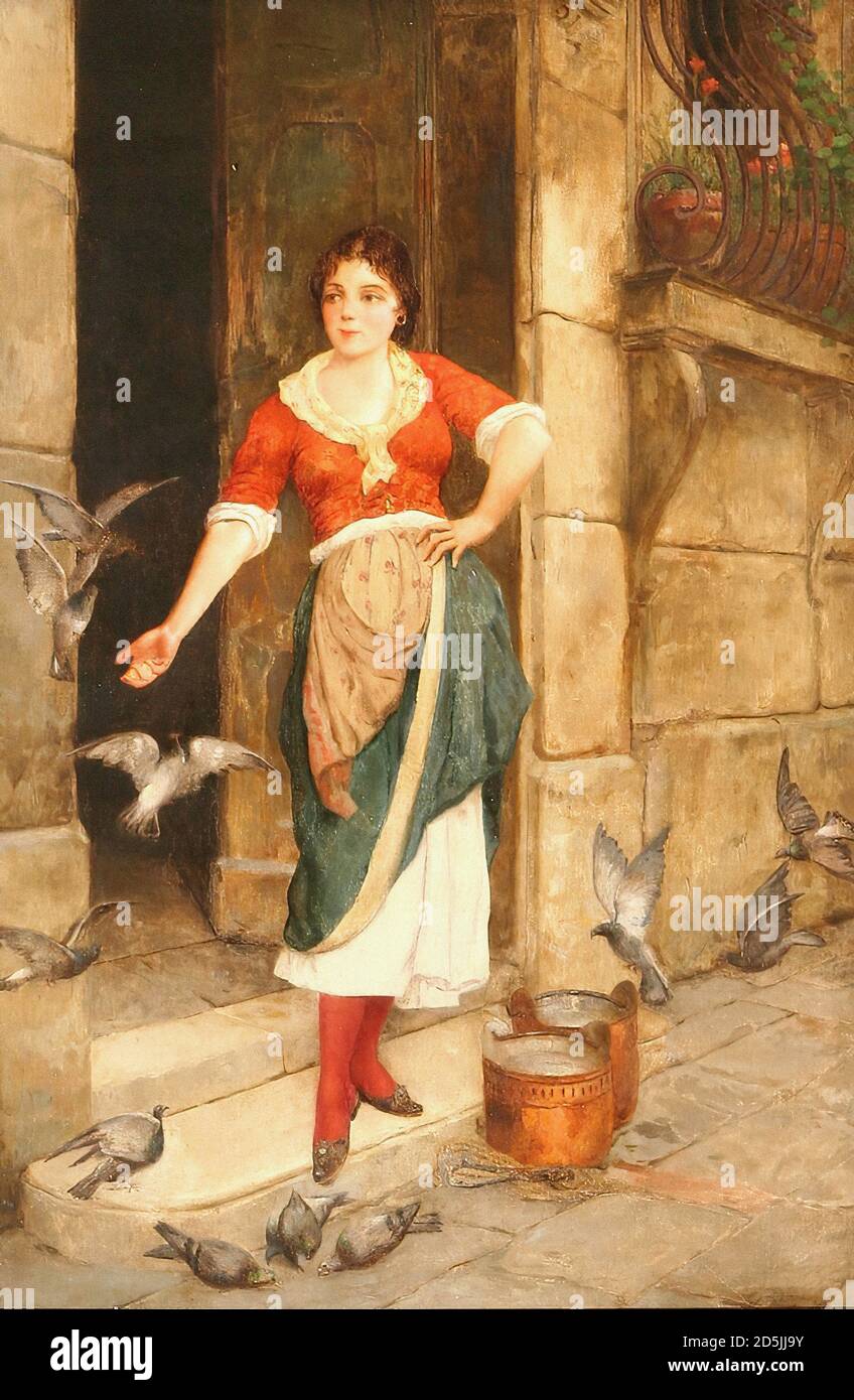 Stiepevich Vincent - alimentar a los palomas - Escuela Rusa - Siglo XIX Foto de stock
