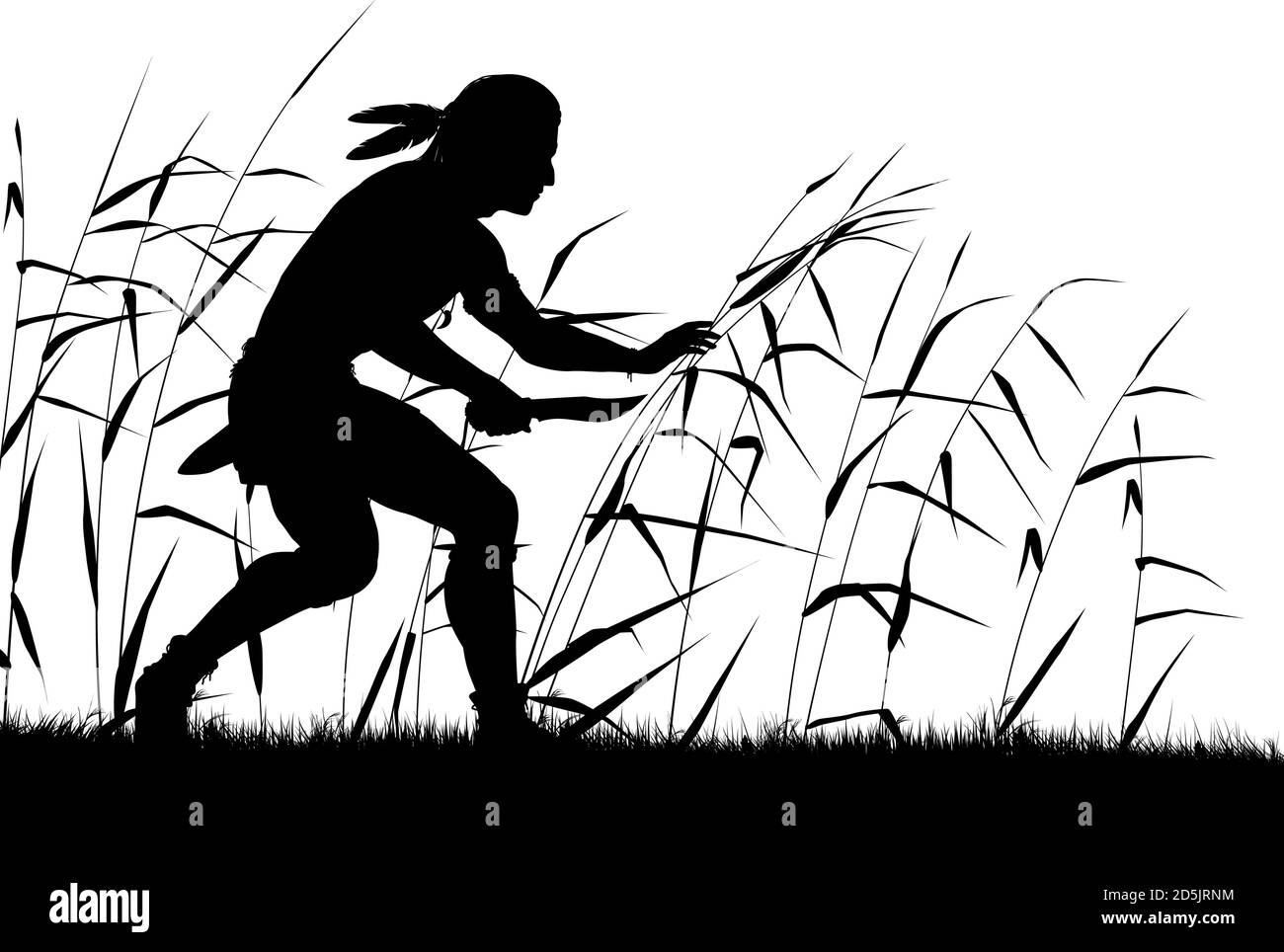 Silueta vectorial editable de un hombre nativo de américa del Norte que se extiende a través de cañas con el hombre, cuchillo y vegetación como objetos separados Ilustración del Vector