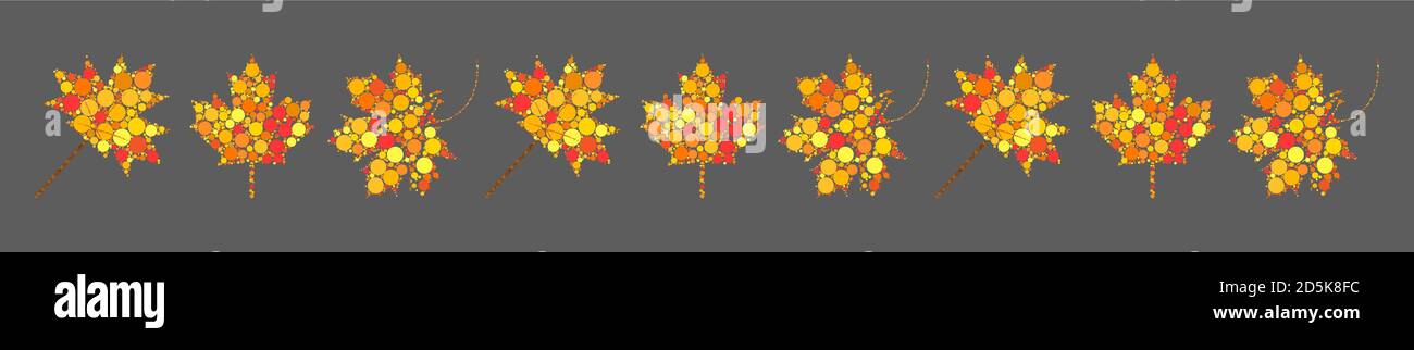 Divisor de hojas de otoño. Borde abstracto con hoja de arce otoñal. Línea con decoración de colores de otoño. Símbolos de follaje estacional hechos de puntos. Ilustración Ilustración del Vector
