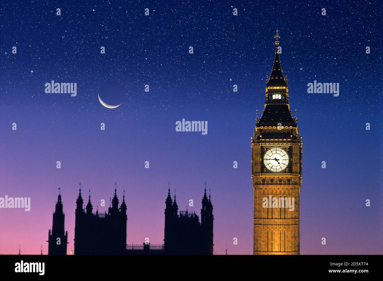 Big Ben por la noche con luna creciente y estrellas Foto de stock