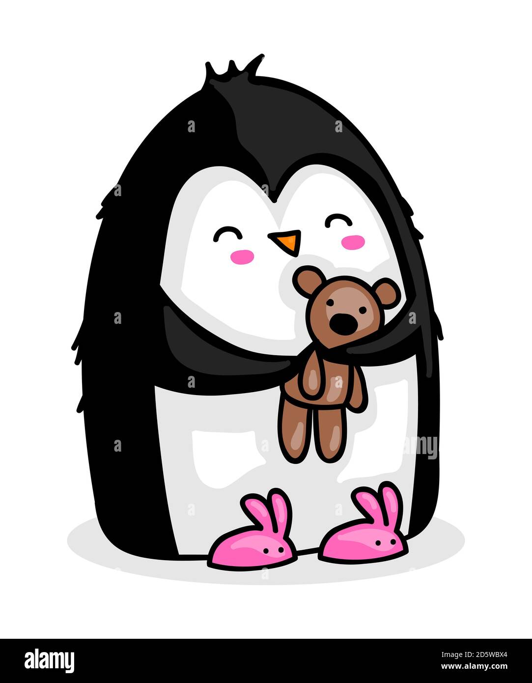 Lindo pingüino de dibujos animados con pantuflas de conejito y oso de  peluche listo para la cama Fotografía de stock - Alamy