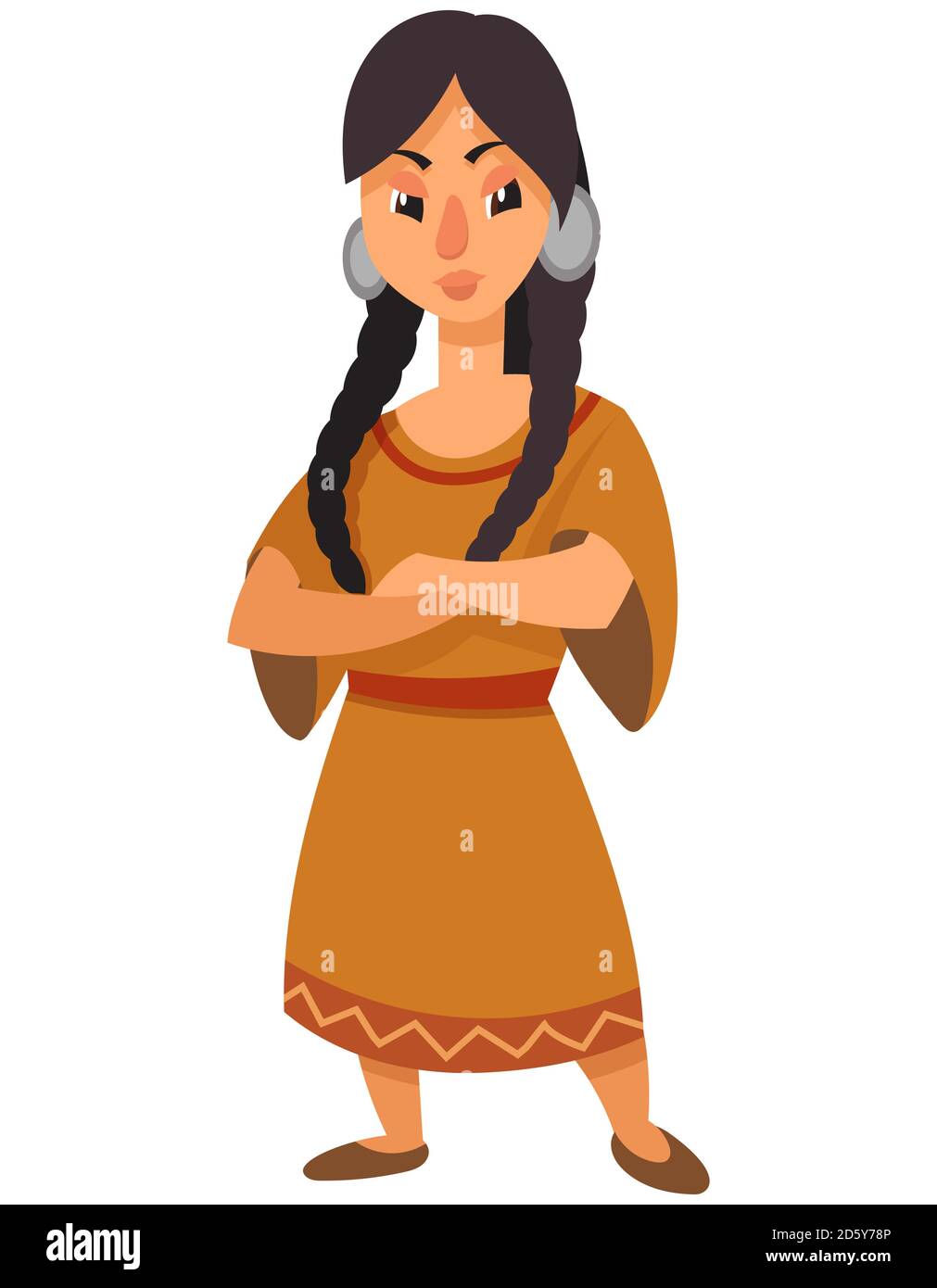 Niña nativa americana con los brazos cruzados. Personaje femenino en estilo de dibujos animados. Ilustración del Vector