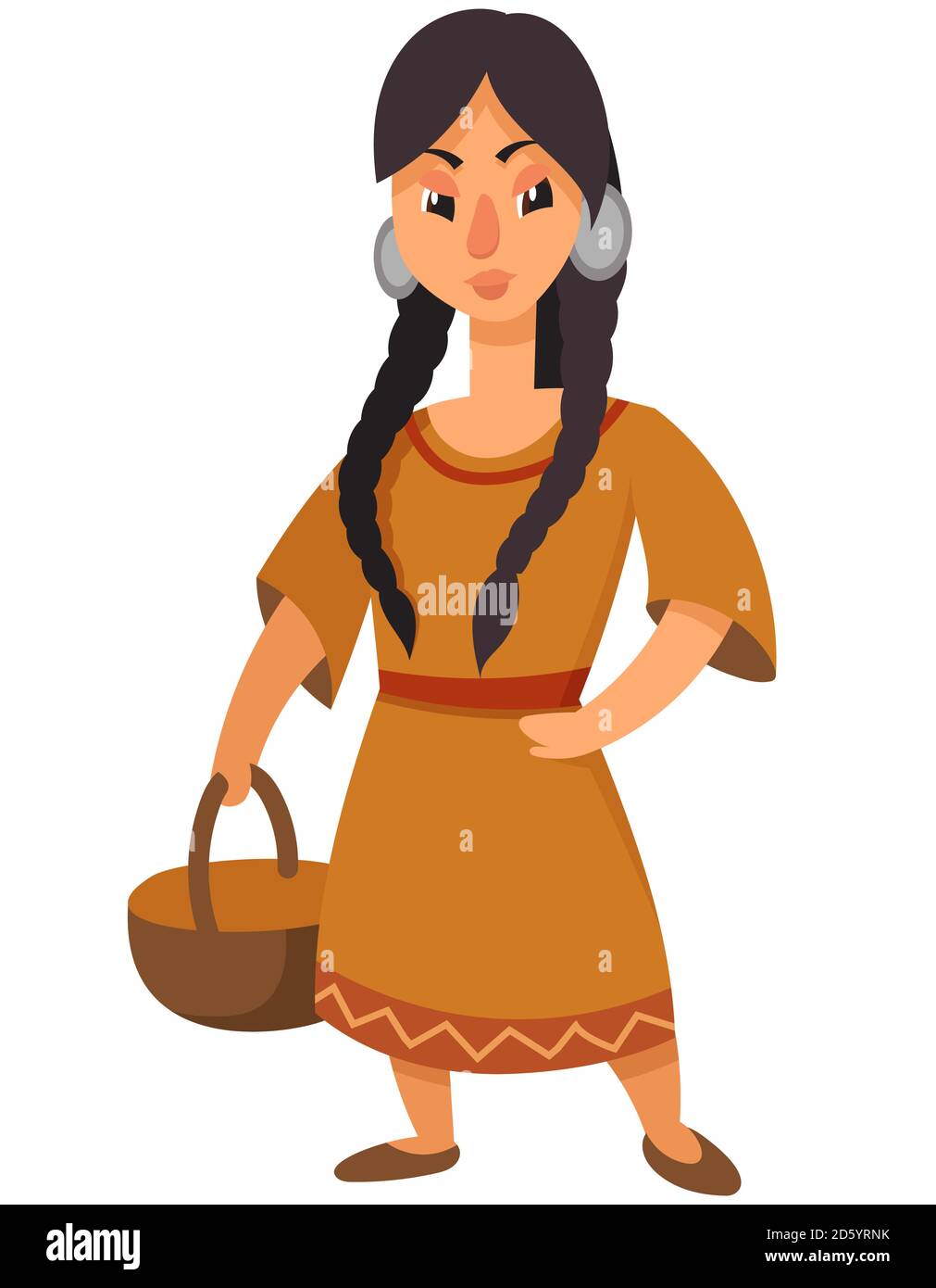 Niña nativa americana sosteniendo cesta. Personaje femenino en estilo de dibujos animados. Ilustración del Vector