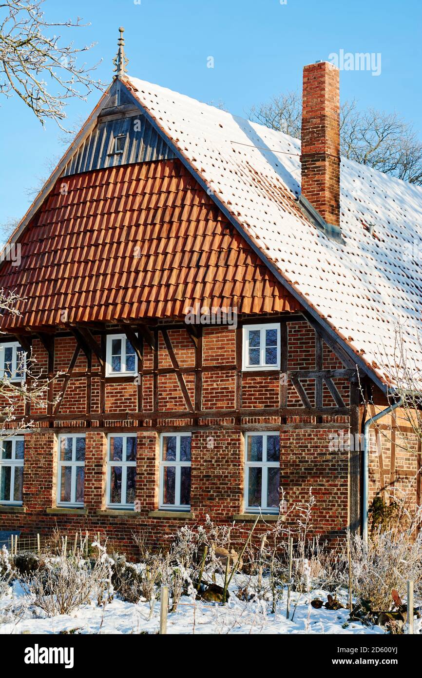 Alemania, Renania del Norte-Westfalia, Petershagen, tradicional Westphalian casa de granja enmarcada madera, tipo de cuatro postes Foto de stock