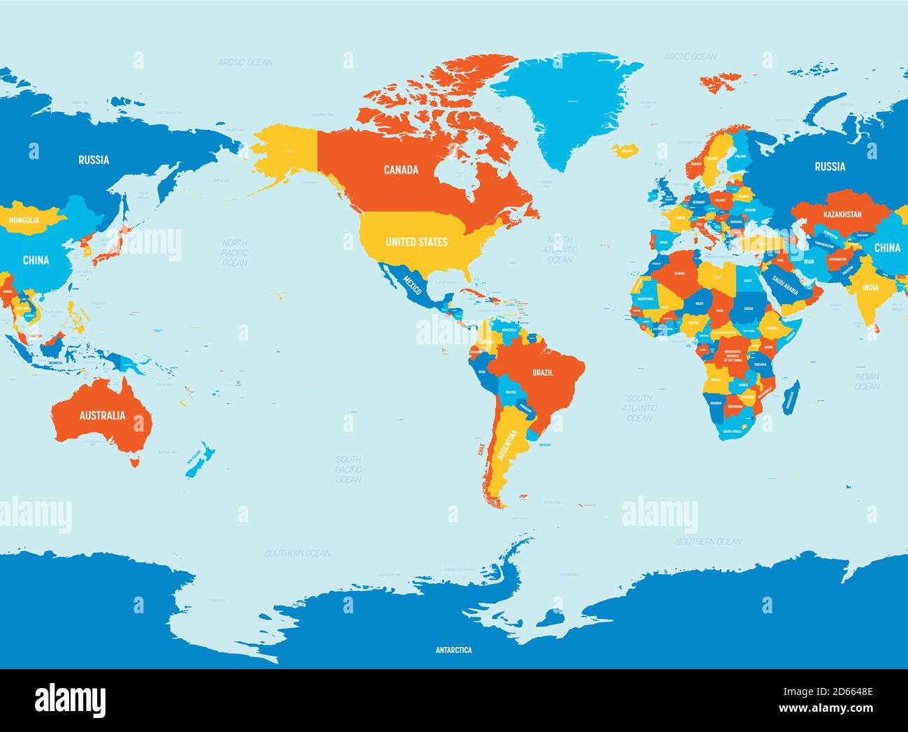 Mapa del mundo - centrado en América. 4 colores brillantes. Mapa político  de alto nivel de detalle del mundo con el etiquetado de nombres de países,  océanos y mares Imagen Vector de