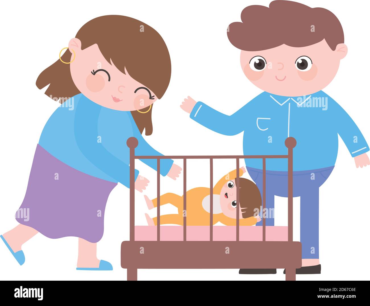Embarazo Y Maternidad Mama Feliz Y Papa Con Bebe En Cuna Vector Ilustracion Imagen Vector De Stock Alamy