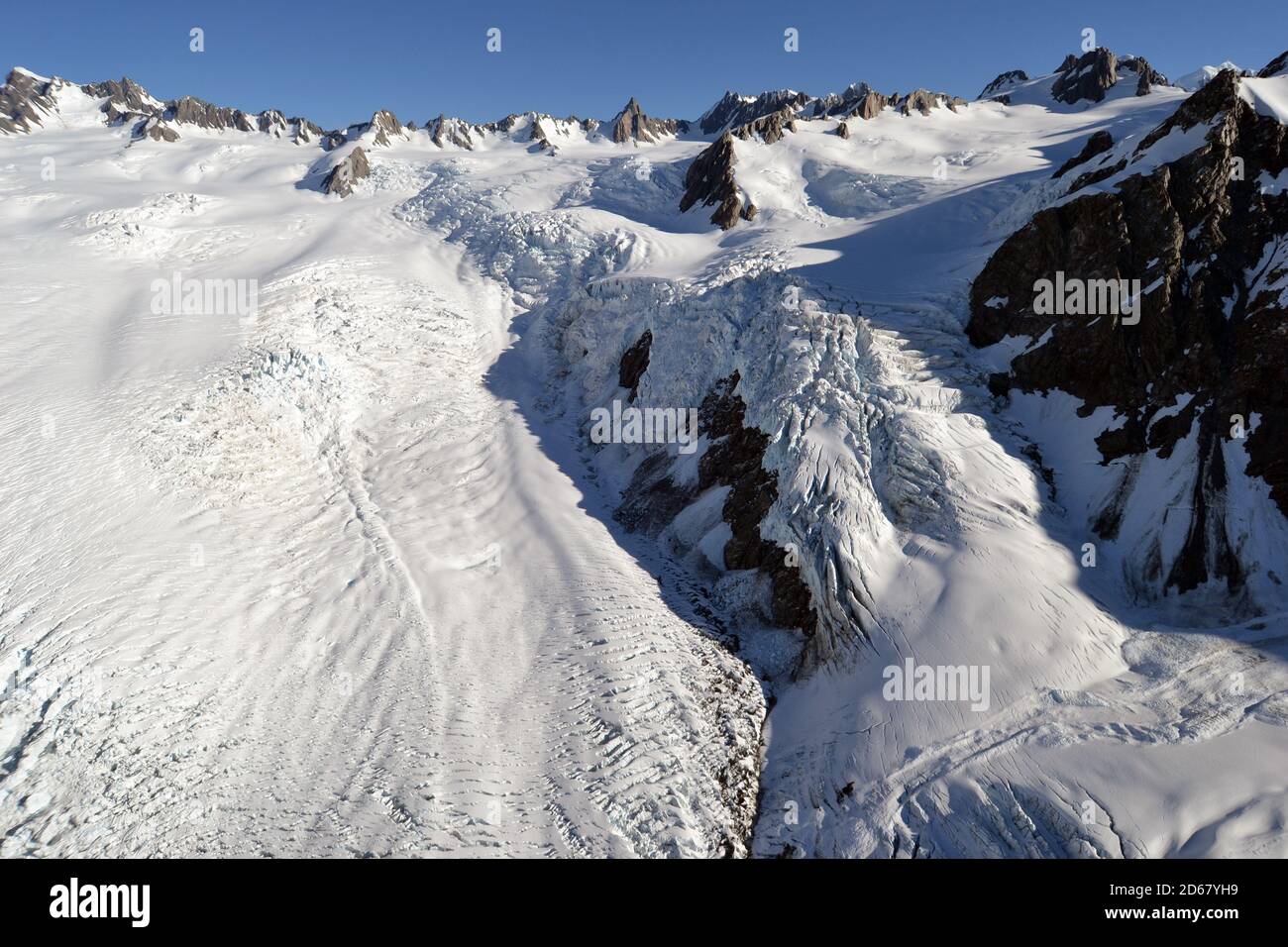 El glaciar Franz Josef, el deshielo de los glaciares debido al cambio climático, Franz Josef, Isla del Sur, Nueva Zelanda Foto de stock