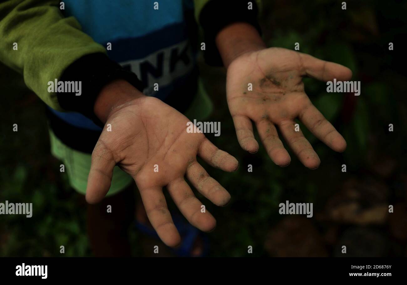 15 de octubre de 2020, Dang, Nepal: Un niño muestra sus manos sucias antes de lavarse después de jugar con barro en un campo en el día Mundial de la Handwasing en Butaniya en Dang, Nepal occidental el 15,2020 de octubre. El día Mundial del lavado de manos es una campaña anual celebrada para motivar y movilizar a personas de todo el mundo para mejorar sus hábitos de lavado de manos. (Imagen de crédito: © Sunil Sharma/ZUMA Wire) Foto de stock
