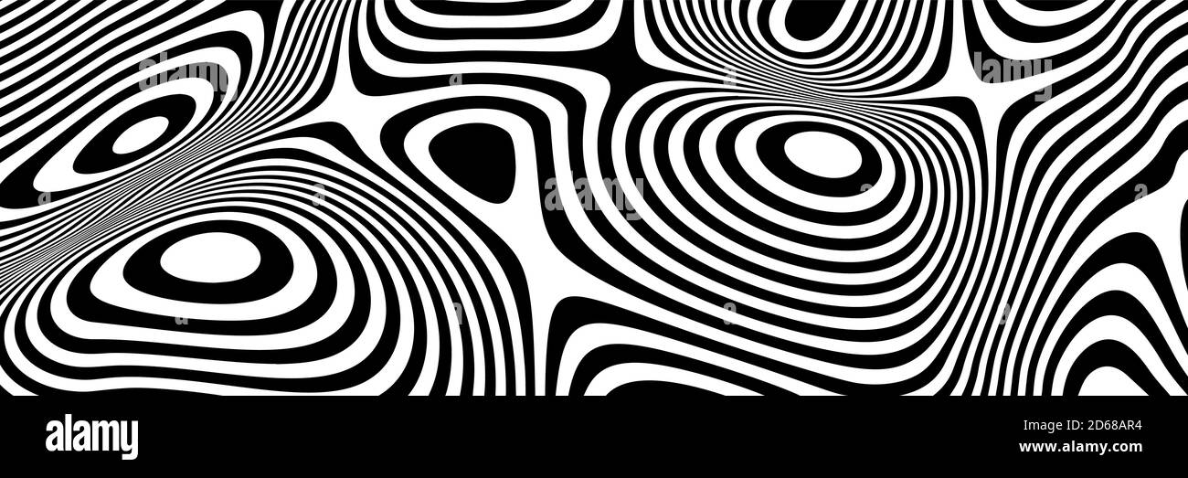 Moderna onda de ilusión óptica de fondo. Resumen 3d ilusiones en blanco y negro. Líneas horizontales rayas patrón sobre fondo con efecto de distorsión Wavy. Ilustración Vector de moda. Ilustración del Vector