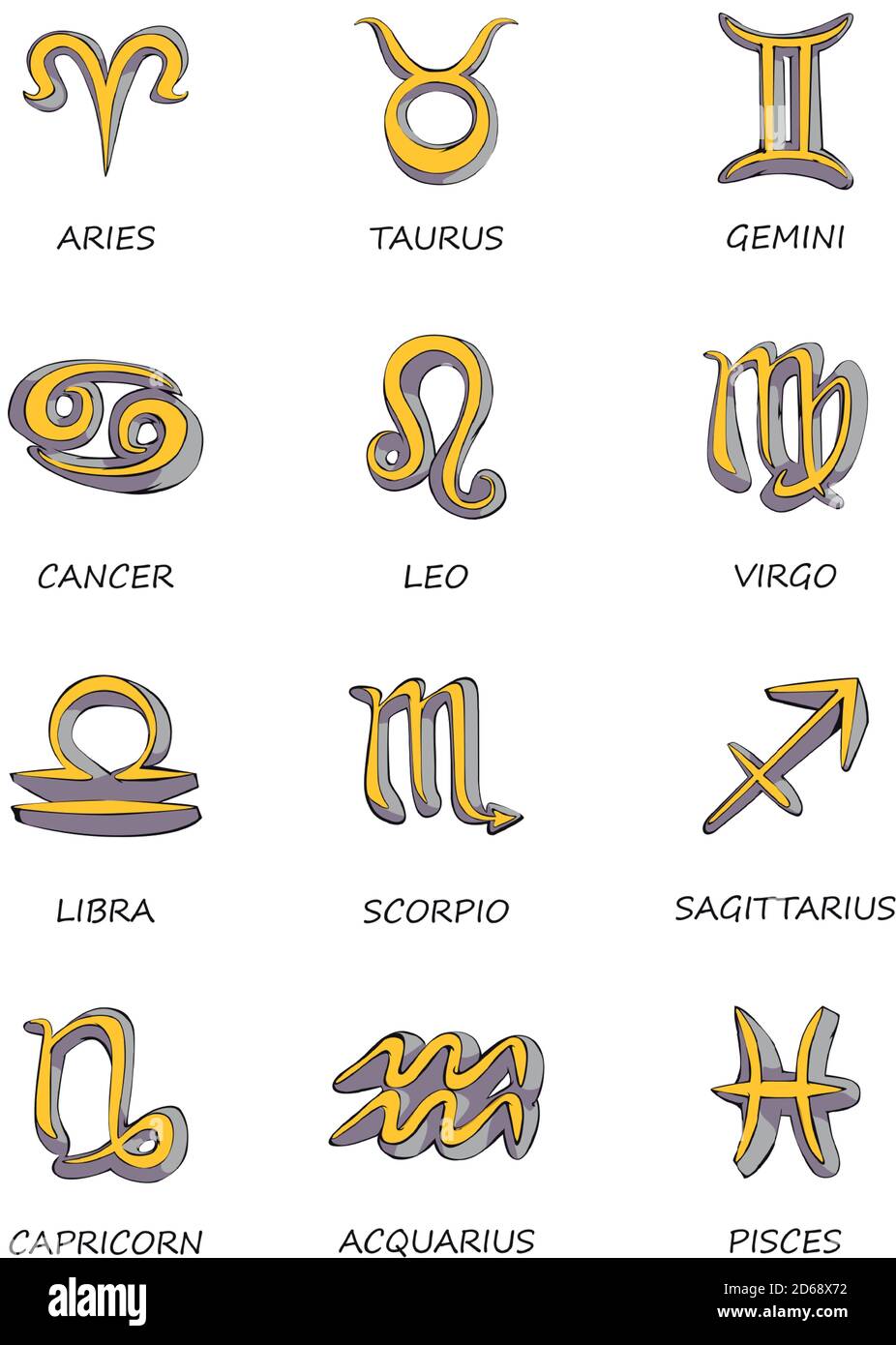 Doce signos zodiaco plano dibujos vectoriales conjunto Imagen Vector de  stock - Alamy
