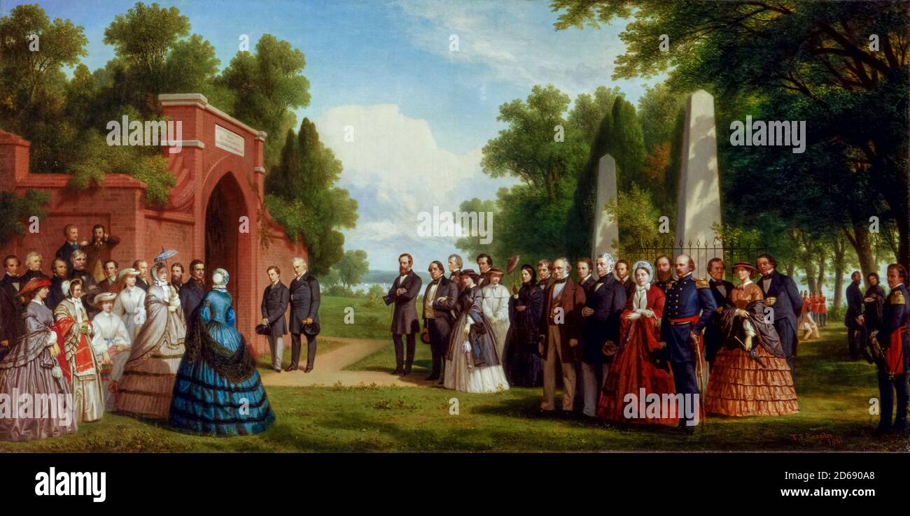 Visita del Príncipe de Gales (más tarde, Rey Eduardo VII), Presidente Buchanan y dignatarios a la Tumba de Washington en Mount Vernon, octubre de 1860, pintura de Thomas P Rossiter, 1861 Foto de stock