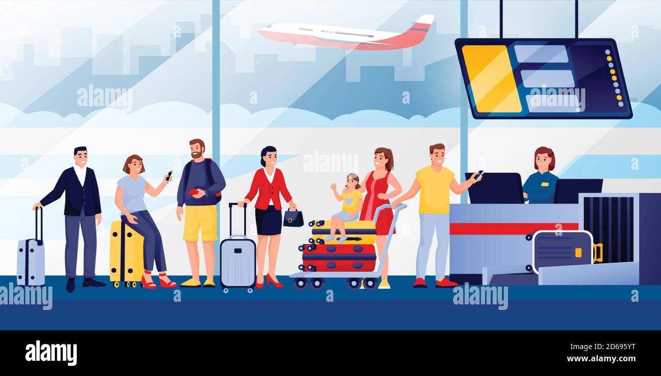 Facturación de vuelos en la terminal del aeropuerto. Ilustración vectorial  plana. Pasajeros de viaje con equipaje, personajes de dibujos animados. Las  personas hacen cola para registrar des Imagen Vector de stock -