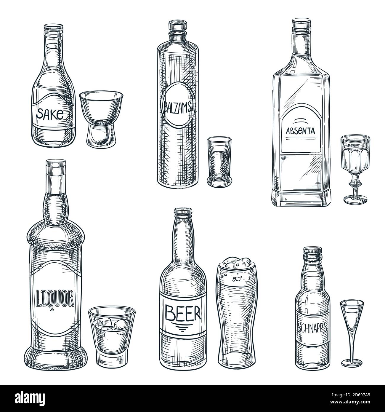 Bebidas alcohólicas botellas y vasos. Vector dibujo dibujado a mano ilustración aislada. Elementos de diseño del menú de barras. Licor, cerveza y sake de estilo vintage Ilustración del Vector