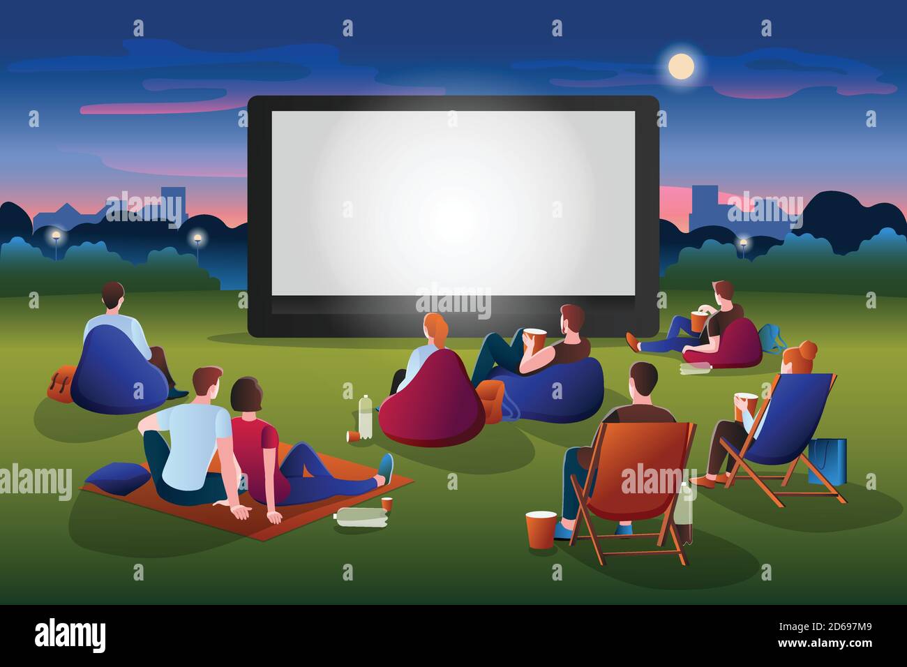 Cine al aire libre vector plano ilustración de dibujos animados. Gente  viendo películas en el parque nocturno de la ciudad en una pantalla grande.  Ocio al aire libre, relax y diversión. Película