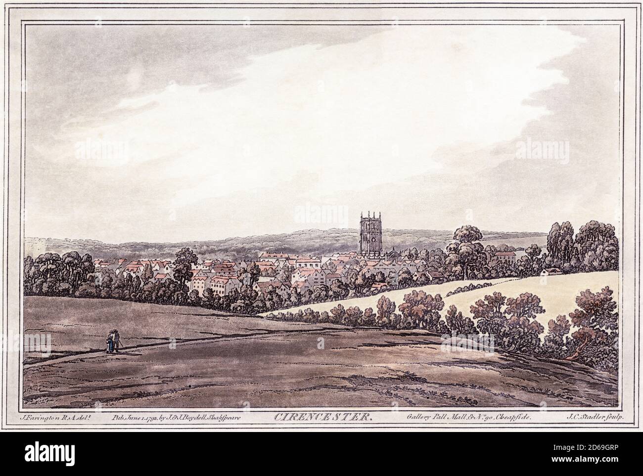 Una acuatinta de Cirencester en Gloucestershire escaneada a alta resolución de la Historia del Támesis por John Boydell impreso en 1793. Foto de stock