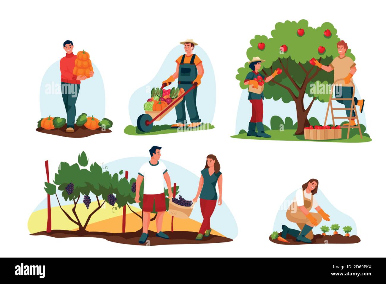 Concepto de cosecha de otoño y agricultura. Ilustración de dibujos animados planos vectoriales. Los agricultores cosechan verduras y frutas de otoño. La gente escoge manzanas, p Imagen Vector de stock - Alamy Concepto de cosecha de otoño y agricultura. Ilustración de dibujos animados planos vectoriales. Los agricultores cosechan verduras y frutas de otoño. La gente escoge manzanas, p Imagen Vector de stock - Alamy