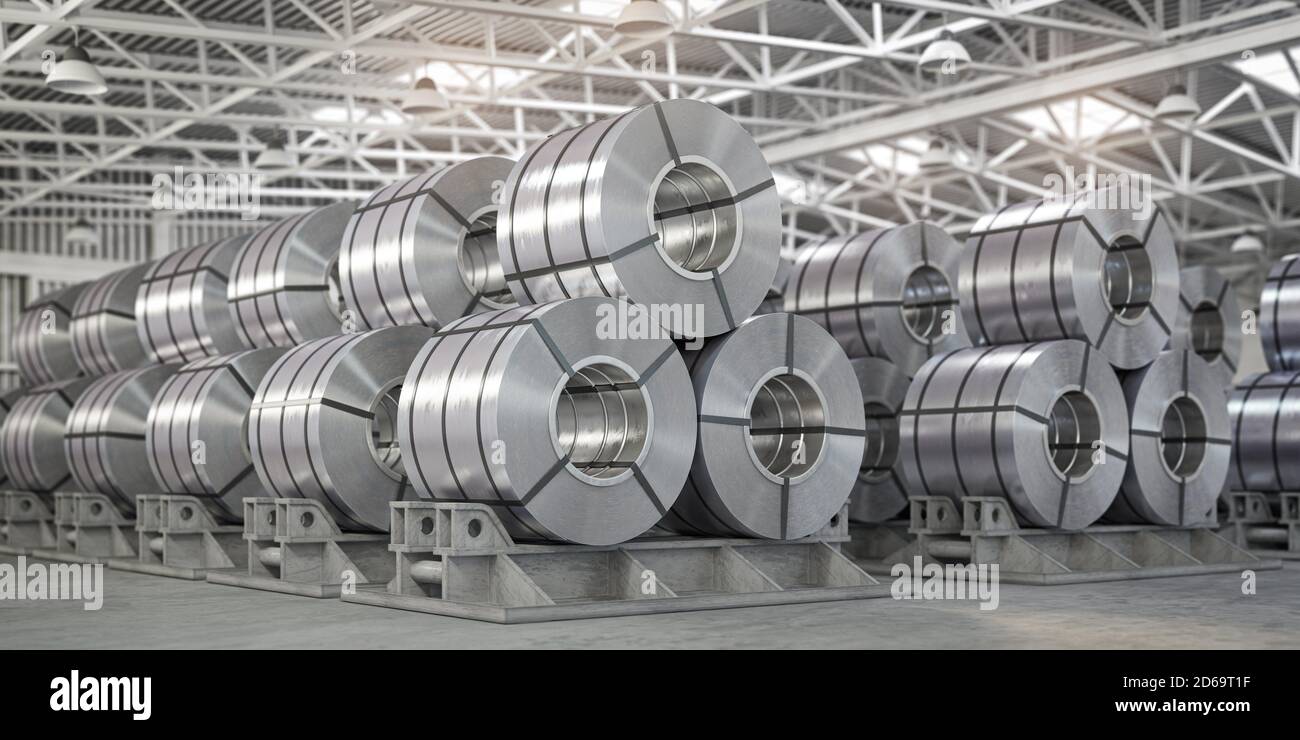 Rollos de chapa metálica. Rollos de láminas de zinc, aluminio o acero en  almacén en fábrica. ilustración 3d Fotografía de stock - Alamy