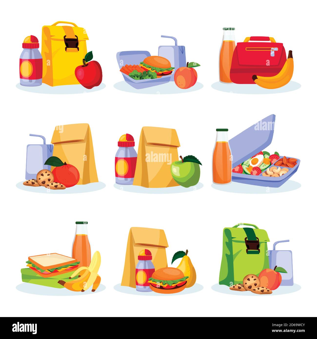 Los niños tienen un almuerzo saludable y bocadillos. Ilustración de dibujos  animados planos vectoriales. Fiambreras con comida casera, manzana, banán y  bebidas. Iconos de alimentos aislados o Imagen Vector de stock -