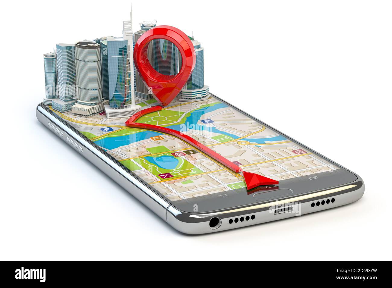 Concepto de navegación GPS. Aplicación para smartphone con rascacielos y pin con ruta en el mapa de la ciudad aislado en blanco. ilustración 3d. Foto de stock